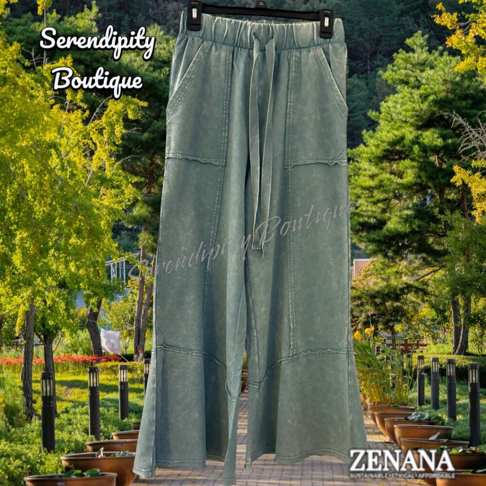 Zenana Bell Bottom Acid Blue Flare Leg Lightweight Elastic Waist Lounge Pants - Picture 2 of 9